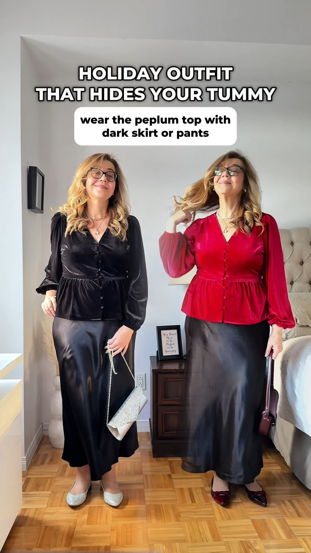 If you have an apple shaped figure and want to create an illusion of hourglass figure or a rectangle shape without a distinct waist line, consider peplum tops or dresses. They help to modify the body shape highlighting the waist and creating beautiful curves.

Pair these velvet peplum tops with a skirt or pants for a festive holiday party look. 

The accessories can be in a similar color to the tops or sparkly and flashy. 

#LTKcurves #LTKwinter #LTKpartywear