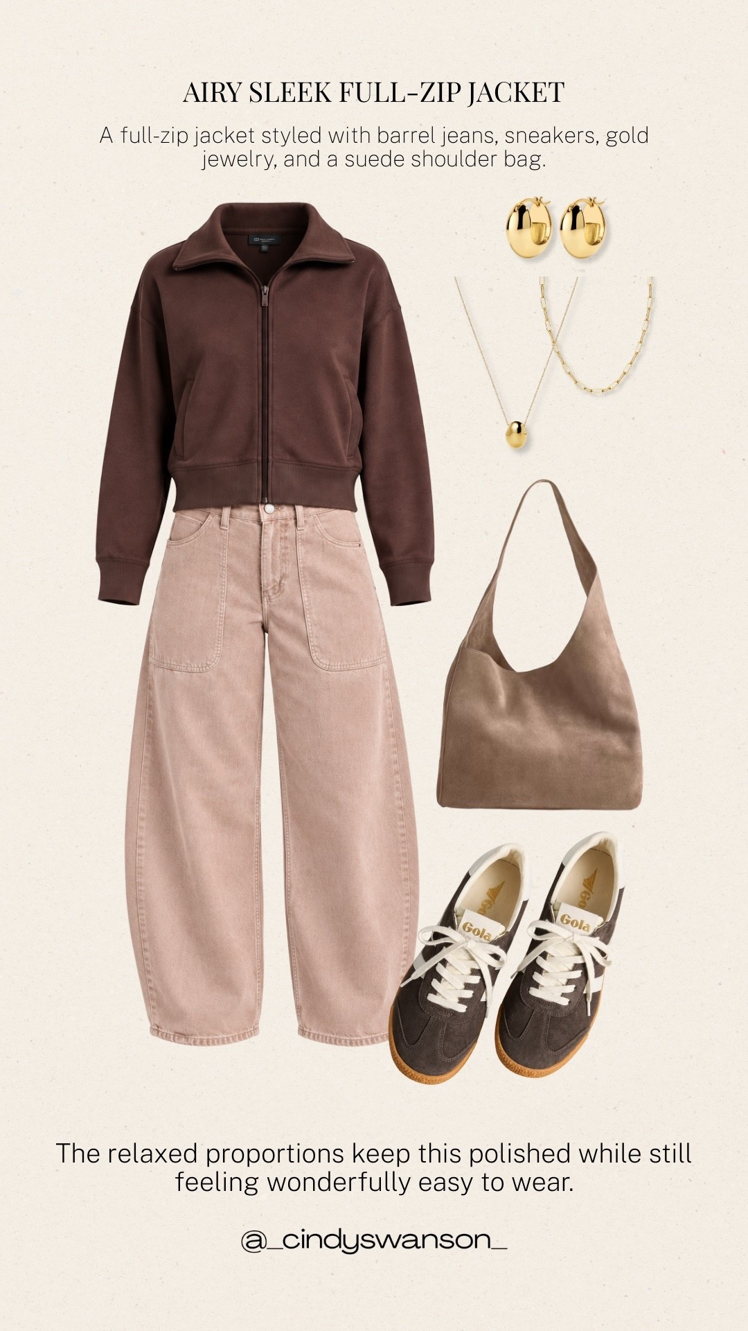 This full-zip jacket is such an easy way to give everyday denim a polished feel. I love the rich brown with the soft blush barrel jeans, suede sneakers, and neutral shoulder bag—comfortable pieces that still look pulled together.

#LTKootd #LTKOver40 #LTKTravel