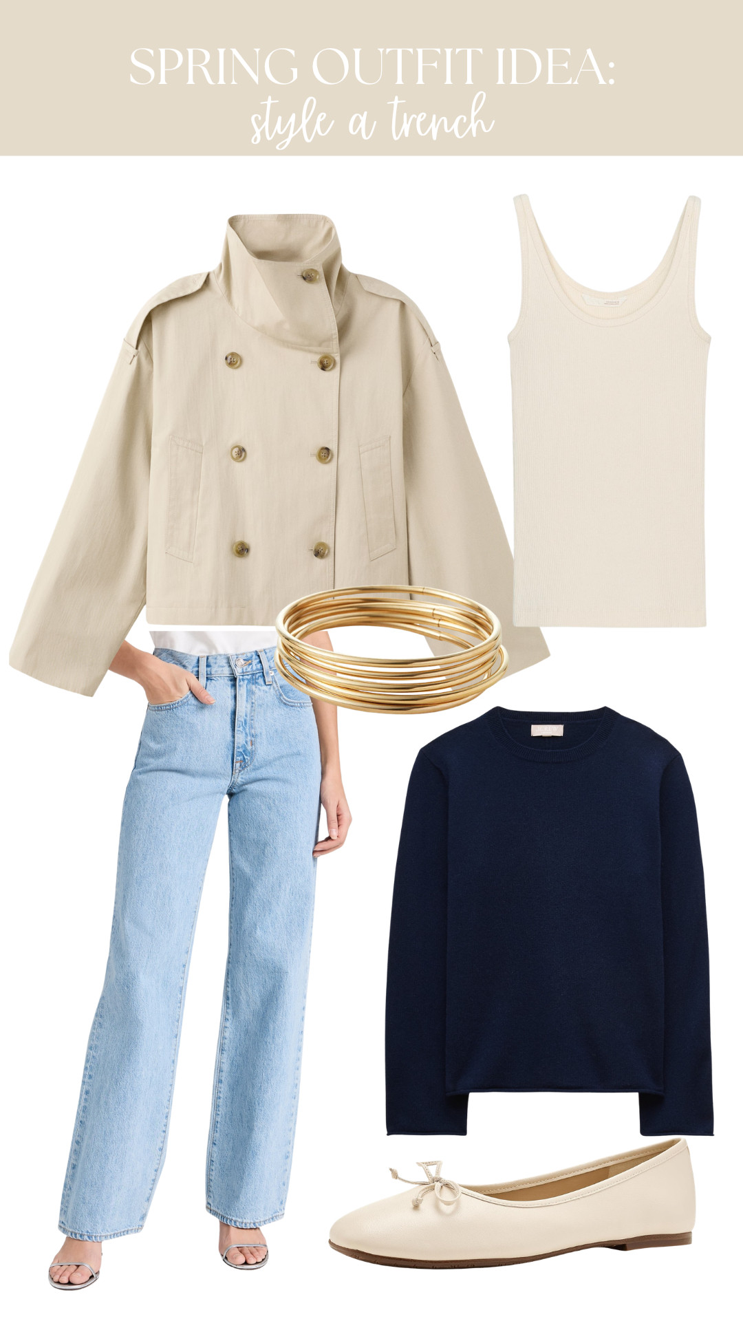 Trench coats aren't just for the rain! I paired this cutie (I have one very similar) with my favorite light wide leg denim and some flats for an easy, cute look. I'd throw this navy sweater over my shoulders for a layer and also just in case it's chilly! 

 