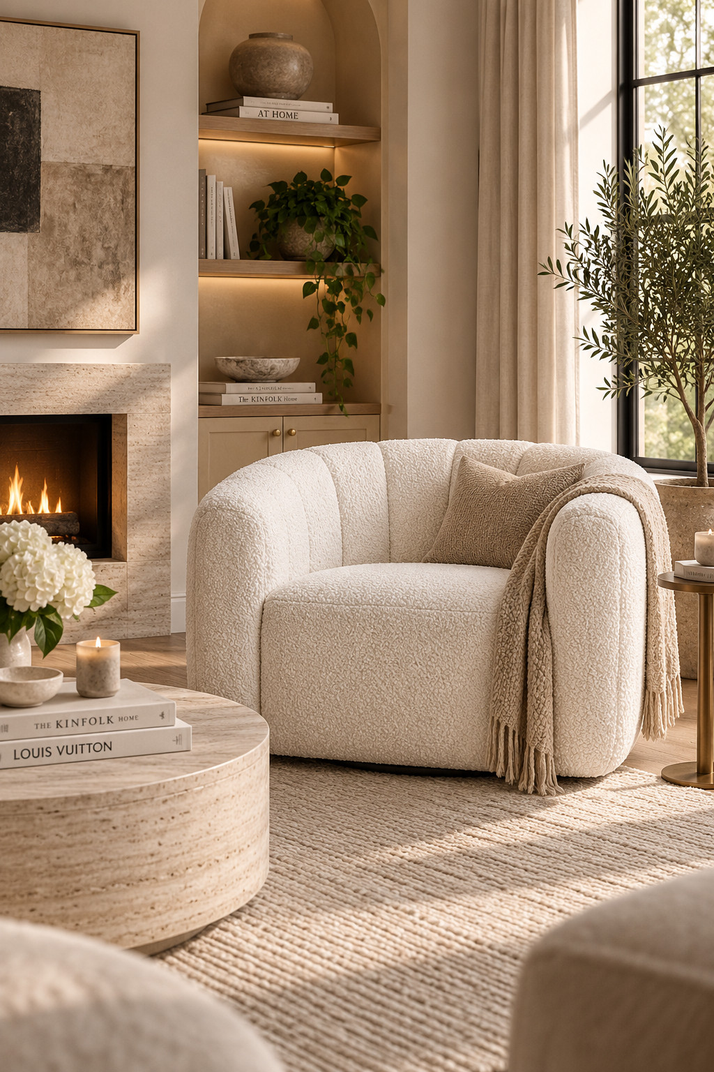 This cream bouclé chair is giving the dreamiest cozy fall living room vibes. 🤍 The soft texture and curved shape make it perfect for adding warmth without making the room feel dark or overdecorated. Style it with a knit throw, earthy pillow, travertine table, and warm lighting for an easy elevated fall refresh.
#CB2Finds #BoucleChair #CreamChair #FallLivingRoom #CozyLivingRoom #NeutralHomeDecor #FallHomeIdeas #AccentChairIdeas #ModernHome #LuxuryHomeDecor #LivingRoomStyling #CozyHomeVibes #NeutralLivingRoom #FallDecor 

 #LTKSeasonal #LTKHome #LTKSaleAlert