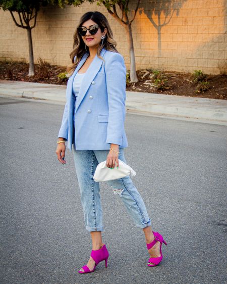 Business casual outfit from Jcrew, Bloomingdale’s and gap! This light blue tweed blazer is so comfy I wear it on repeat. Pair with magenta velvet heels and rhinestone bow earrings! 
Workwear
Teachers outfits 


#LTKworkwear #LTKcurves #LTKSeasonal