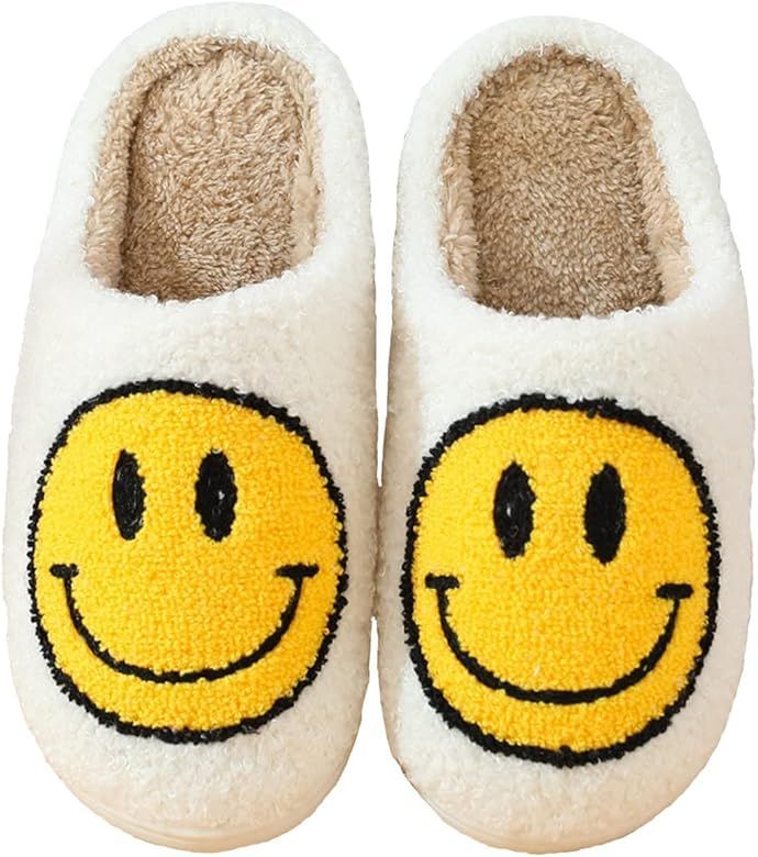 Retro Smiley Face Soft Plush Comfy Warm Slip On Slippers | Amazon (US)