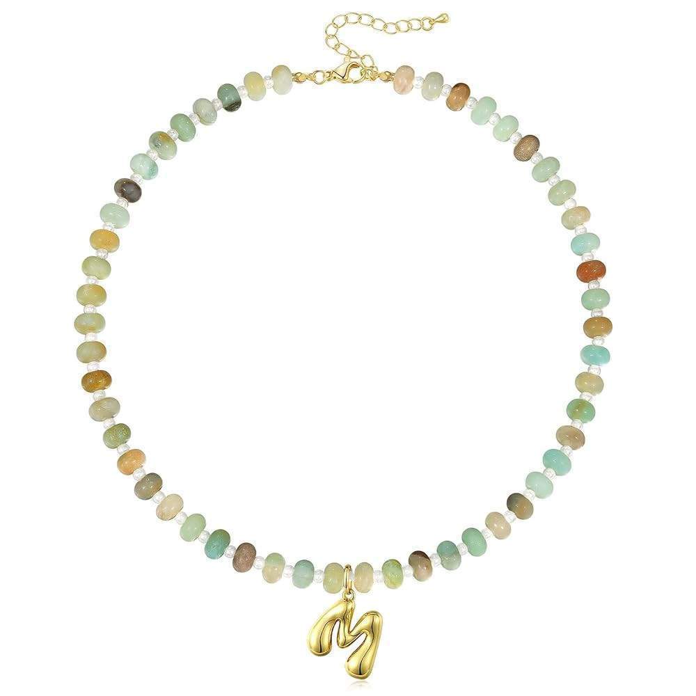 KissYan Initial Necklaces for Women, Colorful Beaded Gemstone Choker 14K Gold Bubble Letter Penda... | Amazon (US)