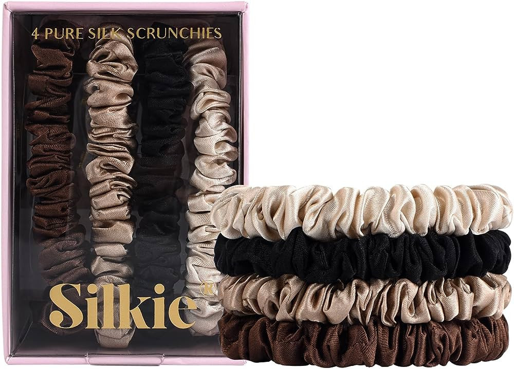 SILKIE x4 Set 100% Pure Mulberry Silk Black Brown Skinny Scrunchies Travel Pouch Everyday Hair Ti... | Amazon (US)