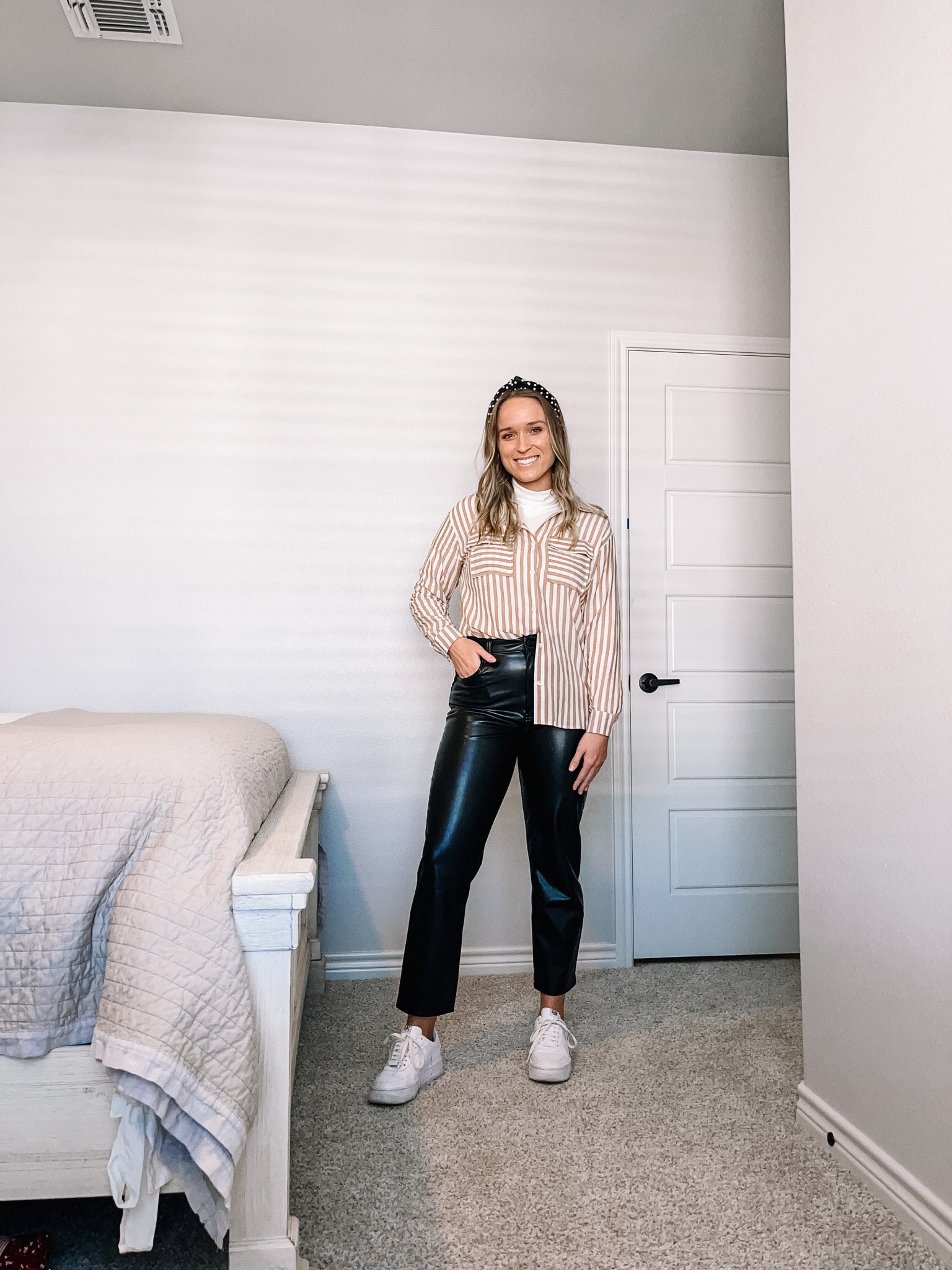 Faux leather pants outfit vegan leather pants outfit cold weather outfit mom jeans outfit sneaker outfit knitted headband outfit

#LTKsalealert #LTKshoecrush #LTKstyletip