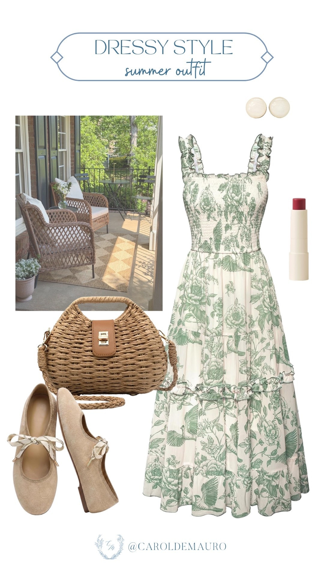 This green toile smocked midi dress with ribbon ballet flats and a wicker crossbody is the perfect summer dressy look that still feels relaxed and easy. Obsessed with how the ruffle straps and tiered hem make it feel so special.

summer outfit, summer style, feminine summer fashion, petite style, garden party look, brunch outfit

#LTKootd #LTKPetite #LTKU