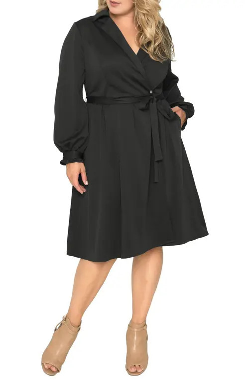 Standards & Practices Notched Lapel Long Sleeve Crepe Wrap Dress in Black at Nordstrom, Size 14W | Nordstrom