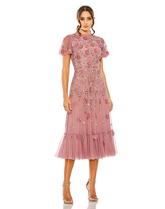 Women's Embellished High Neck Cap Sleeve A Line Dress | Macy's