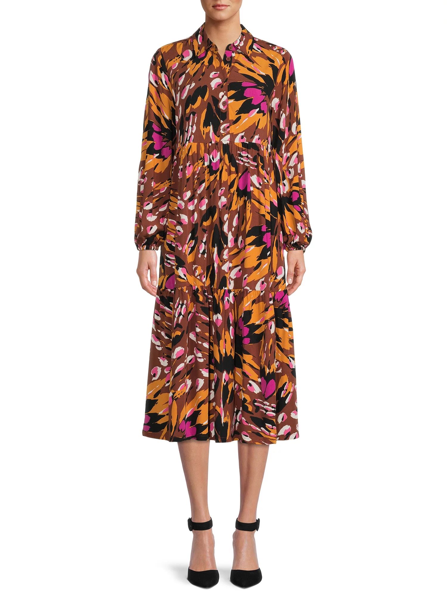 The Get Women's Long Sleeve Printed Shirt Dress - Walmart.com | Walmart (US)