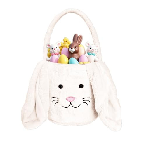 Easter Bunny Basket for Kids, Fluffy Easter Egg Hunt Bag Soft Fabric, Cute Rabbit Tote Bags with Long Plush Ear Easter Tote Bags for Candy Gifts Storage (White) | Amazon (US)