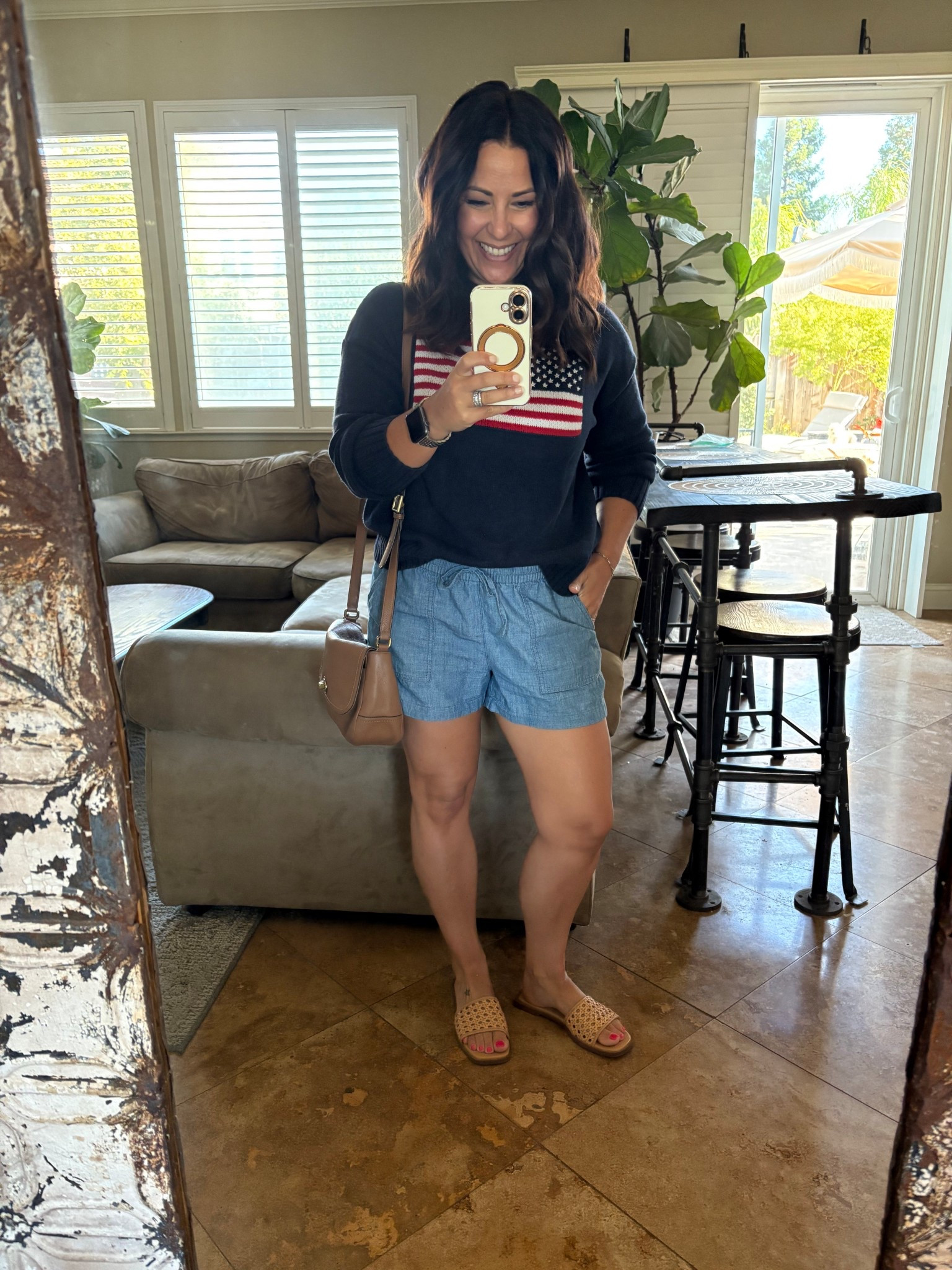 Fourth of July parade ready! 🇺🇸 love this flag sweater, perfect for mornings and cool evenings. I recommend sizing down, I’m wearing an xs. 

#LTKPetite #LTKSeasonal #LTKOver40