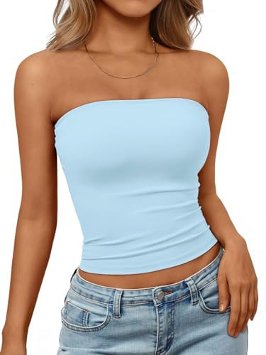 Trendy Queen Womens Strapless Tube Tops Basic Backless Sleeveless Bandeau Going Out Crop Tops Cute 2025 Summer Clothes Baby Blue S | Amazon (US)