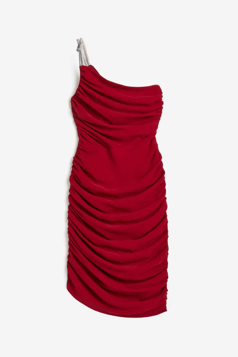 Rhinestone-strap One-shoulder Dress - Dark red - Ladies | H&M US | H&M (US)