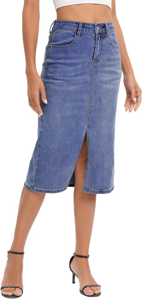 Midi Denim Skirt High Waisted Slit Casual Stretch Knee Length Jean Skirt for Womens | Amazon (US)
