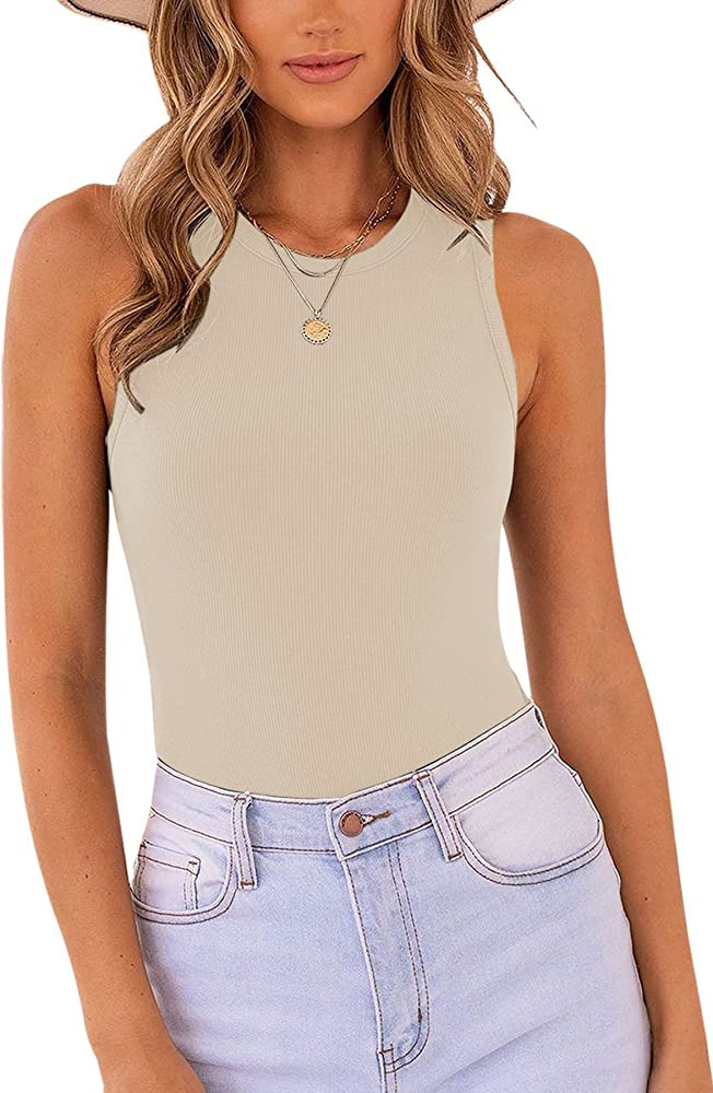 MISSJOY Women's Basic Sleeveless Racer Back Halter Neck Ribbed Bodysuit Tank Tops | Amazon (US)