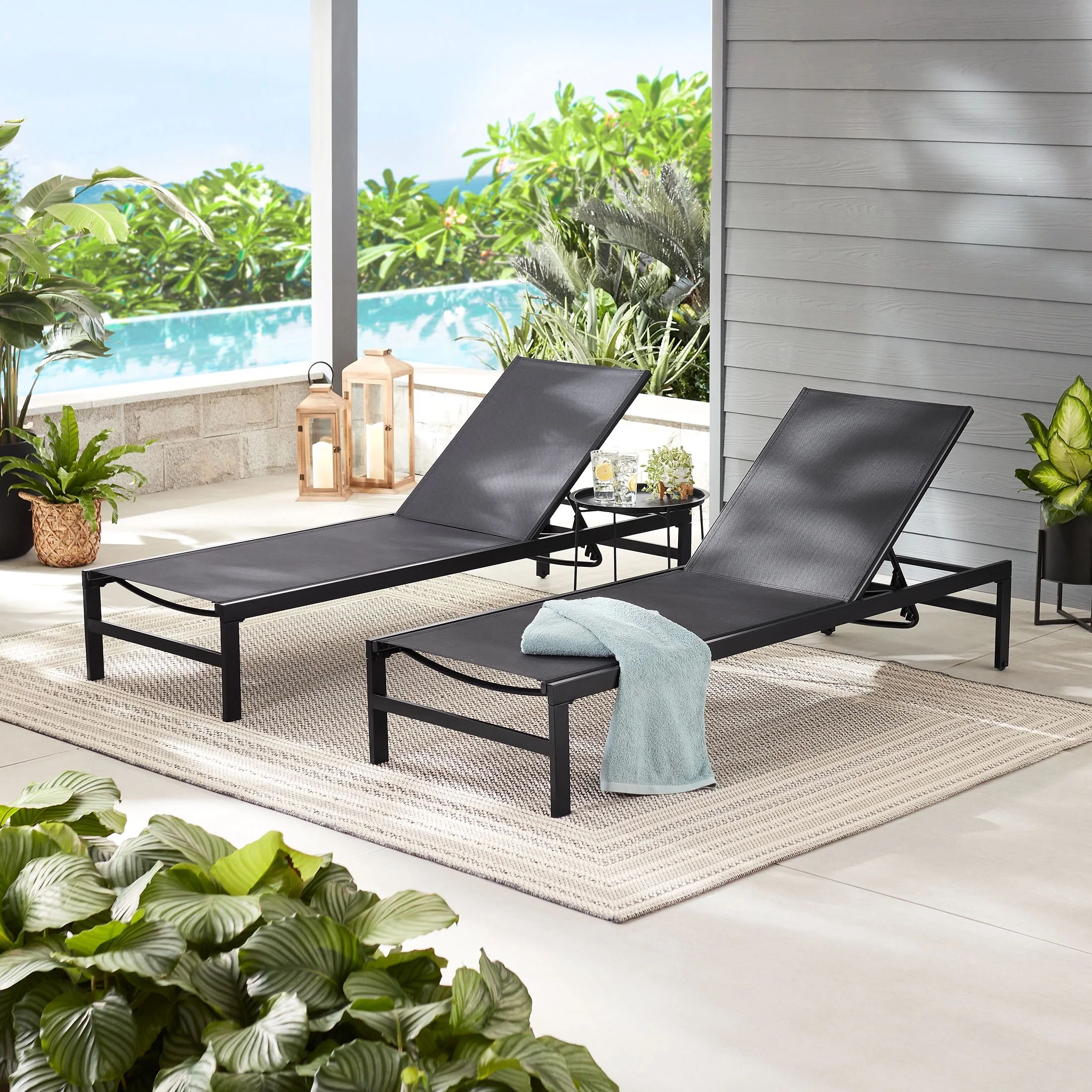 Mainstays Outdoor Sling Chaise Lounger 2-Pack, Black | Walmart (US)