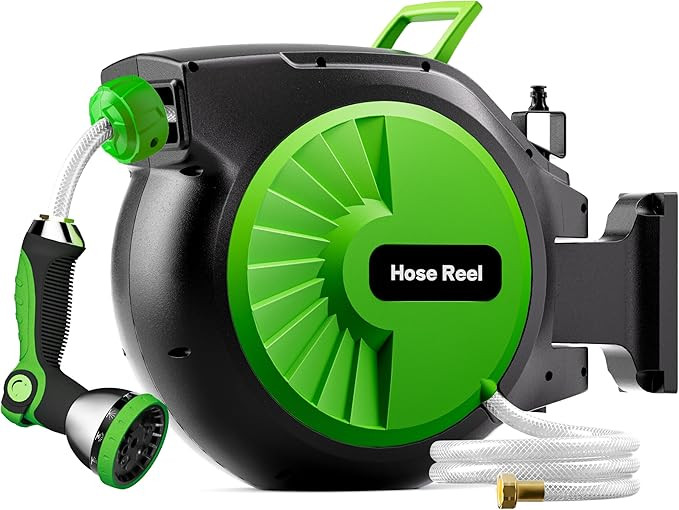 Retractable Garden Hose Reel 100FT x 1/2 in, Wall Mount Water Hose Reel for Outside with Auto Rew... | Amazon (US)