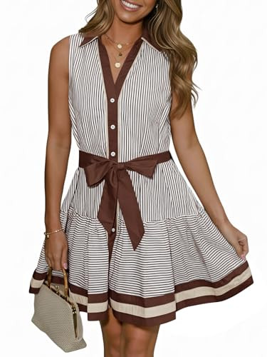 Wenrine Womens Summer Button Down Shirt Dresses Sleeveless Collared V Neck Striped Tie Waist Mini... | Amazon (US)