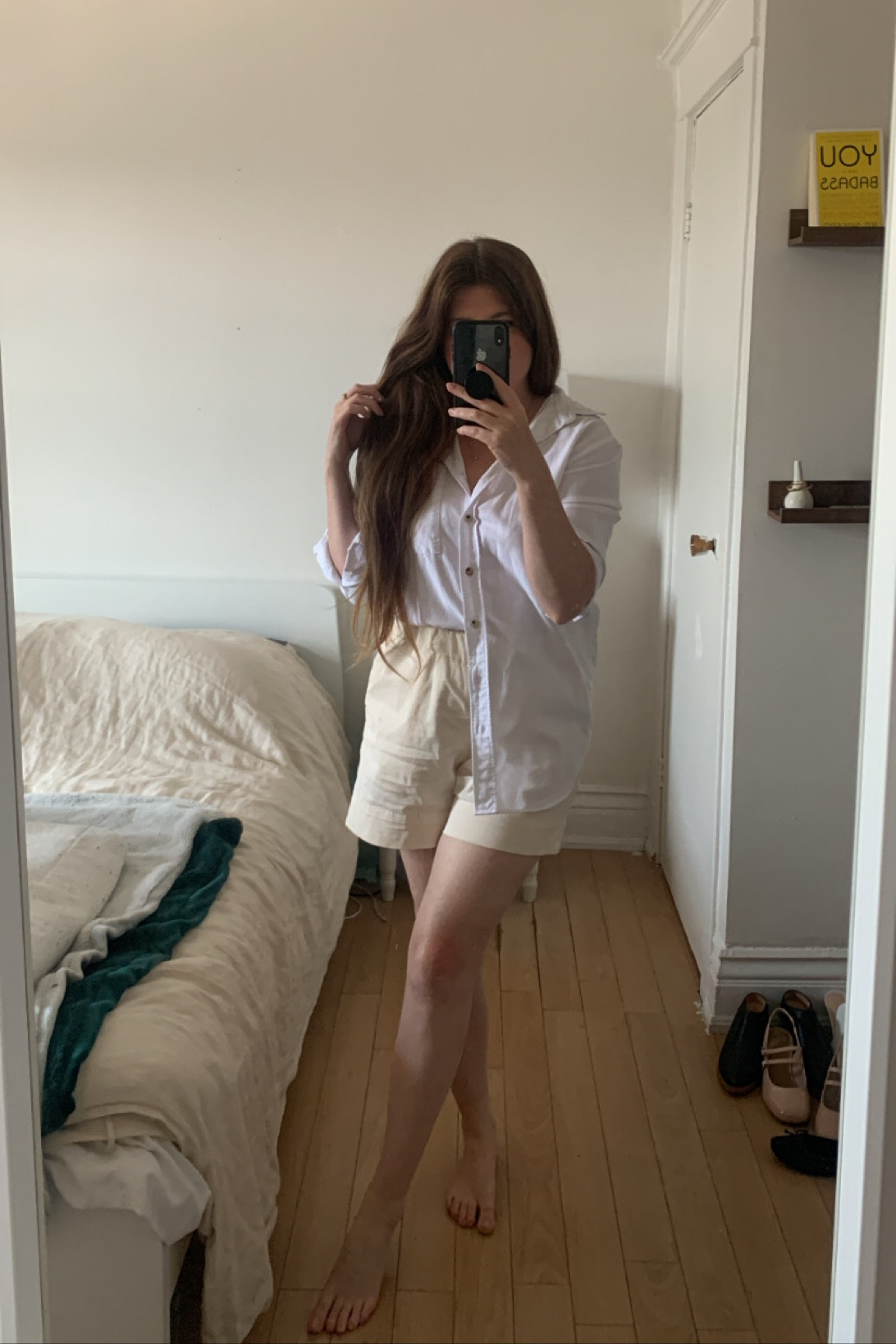 White button down white cotton shirt white dress shirt with cream shorts high waisted shorts. End of summer outfit and beginning of fall outfit. #falloutfit #allwhite  

#LTKmidsize #LTKunder100 #LTKworkwear