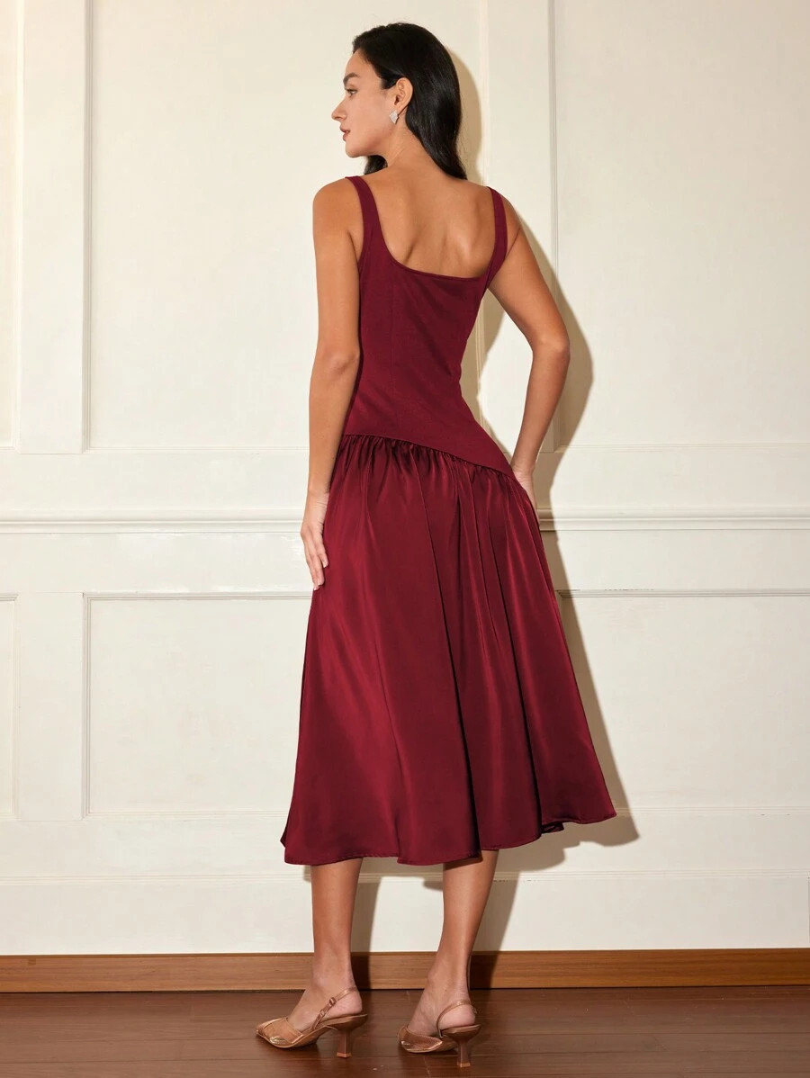 Women Solid Color Sleeveless Midi Dress, Elegant Casual Patchwork Dress, Spring Outfits For Women... | SHEIN