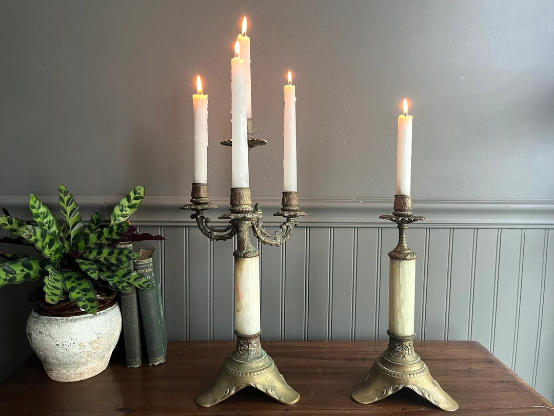 Gorgeous Vintage French Provincial Set of Brass & Alabaster Candelabra and Single Candlestick Hol... | Etsy (US)