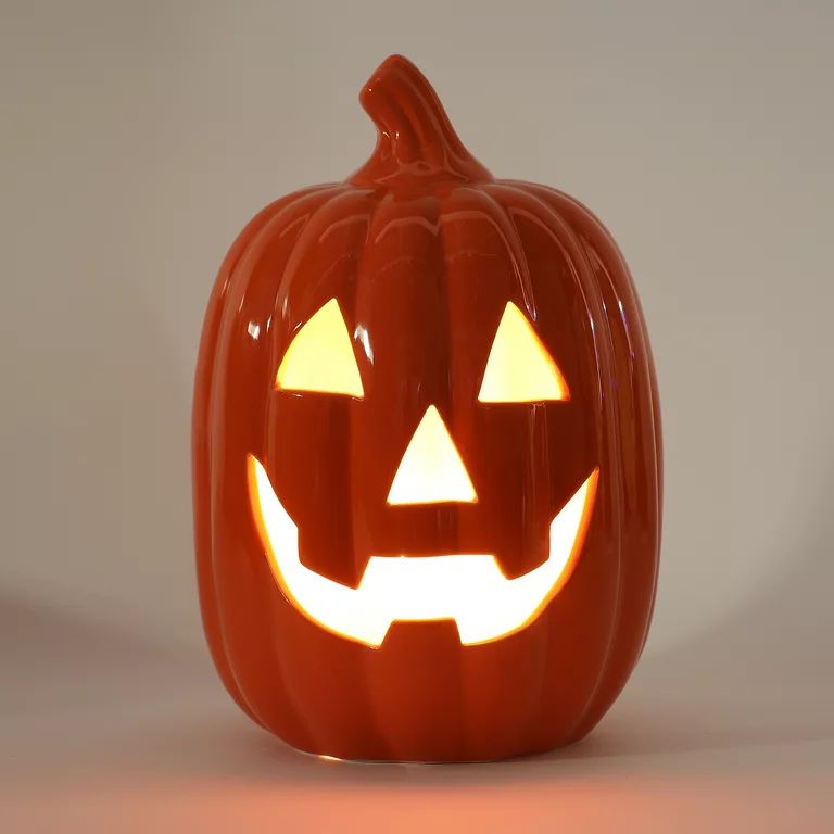 Halloween LED Ceramic Jack-O'-Lantern Decoration, Orange, 10", by Way To Celebrate | Walmart (US)
