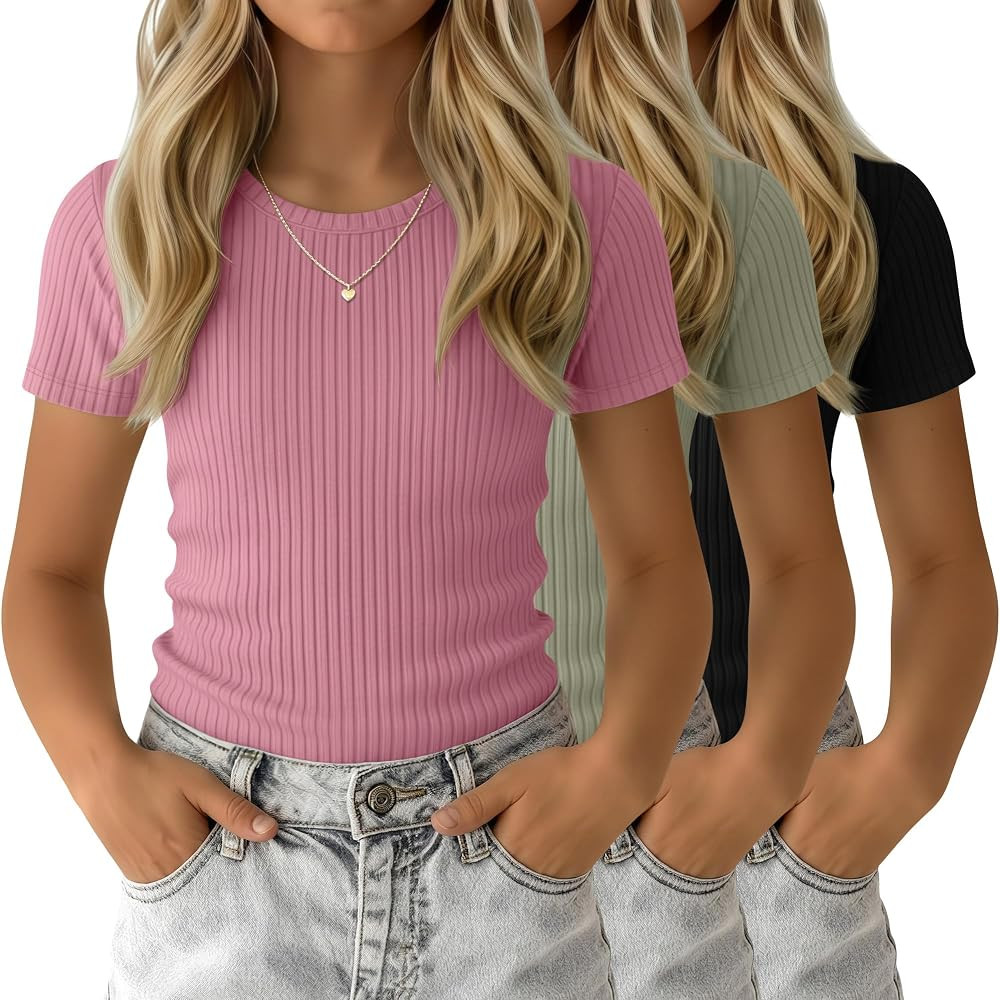 3 Pack Girls' Shirts Cute Basic Tees Tween Summer Ribbed Top Teens Short Sleeve Vacation T-Shirt ... | Amazon (US)