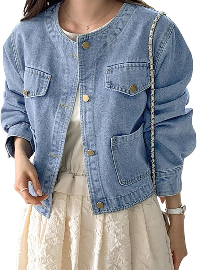 Omoone Women's Denim Jacket Long Sleeve Crop Button Down Collarless Jean Jacket Coat with Pockets | Amazon (US)