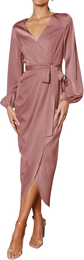 PRETTYGARDEN Women's Maxi Satin Puff Sleeve Wrap V Neck Ruched Belted Long Formal Cocktail Dresse... | Amazon (US)