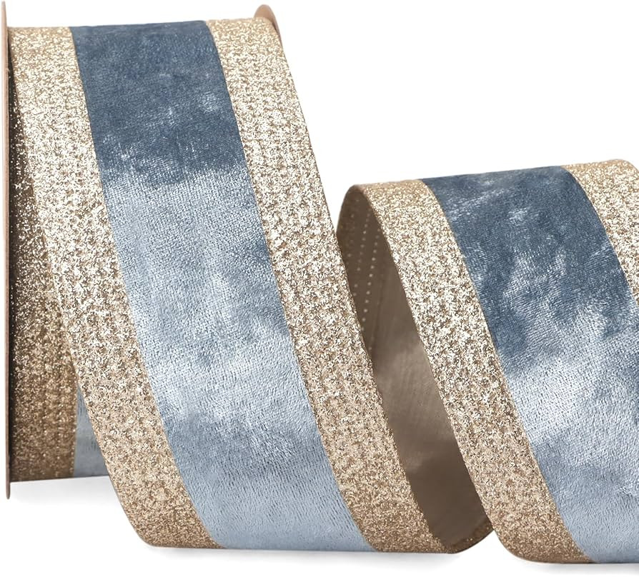 Ribbli Dusty Blue Velvet Wired Ribbon with Glitter Edge 2.5 Inch Christmas Ribbon for Tree Gift W... | Amazon (US)