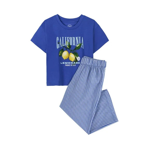 Wonder Nation Girls Short Sleeve Top and Woven Sleep Pant Pajama Set, 2-Piece, Sizes 4-18 | Walmart (US)