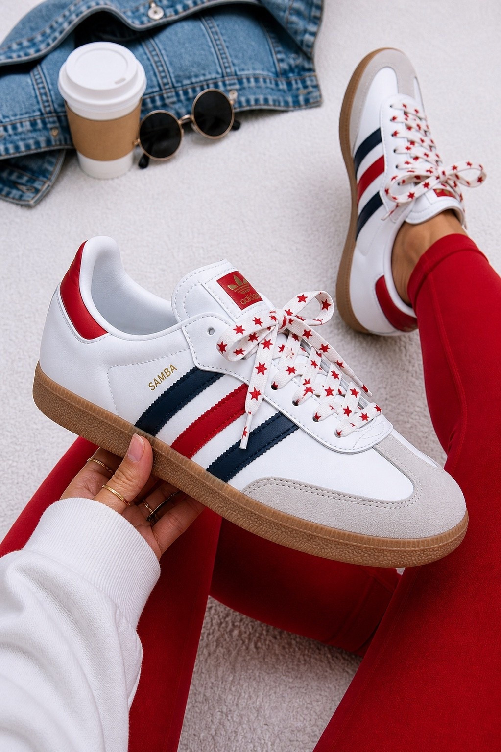 OK, Adidas just dropped these new red white and blue Samba and I’m seriously obsessed now to update it to make it more USA I went ahead and change all the shoelaces and add the stars which you can find all of those here

#LTKootd #LTKgrwm #LTKSeasonal
