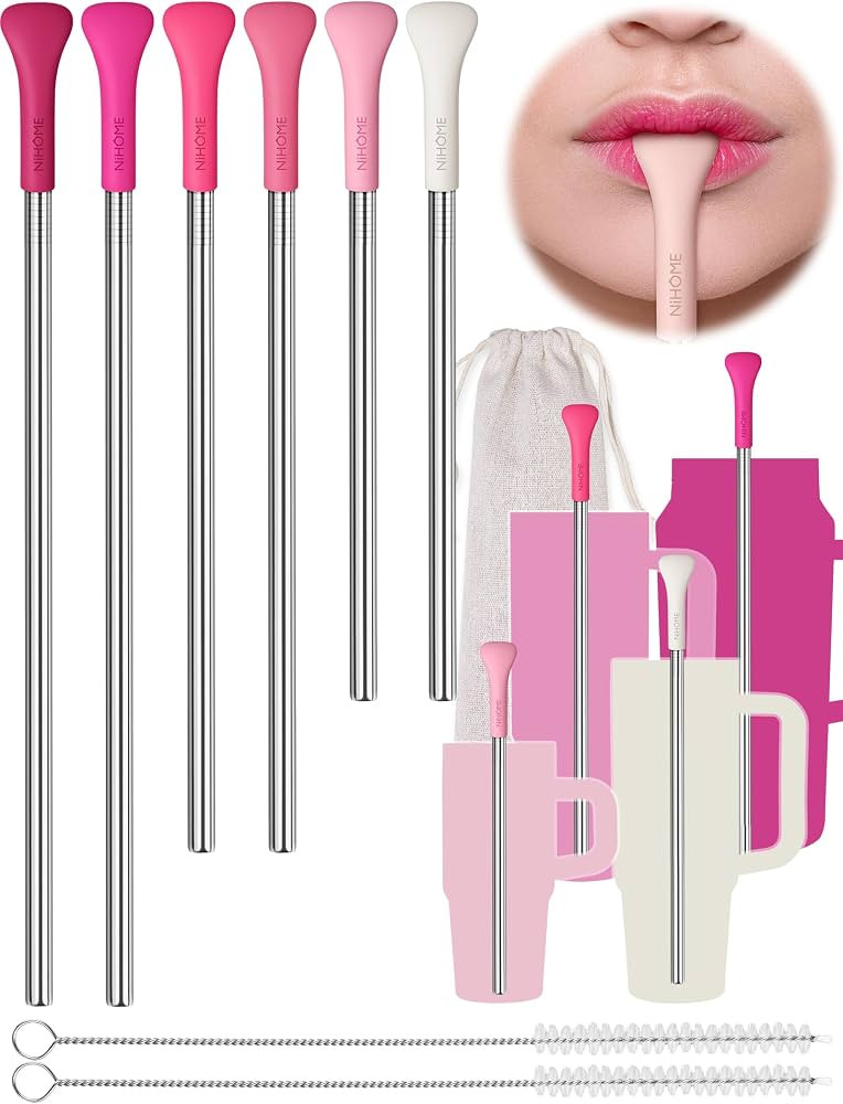 NiHome 6PCS Anti Wrinkle Straws with Silicone Widen Flat Tip Drinking Metal Straw, Fit for Stanle... | Amazon (US)