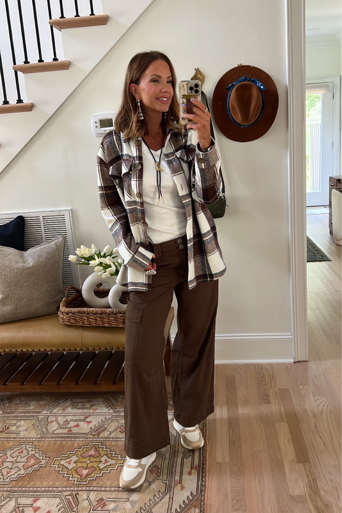 Wearing a medium in flannel and size 6 in pants. If you’re taller than 5’7” I might size up for more length. #walmartpartner #walmartfinds #iywyk 