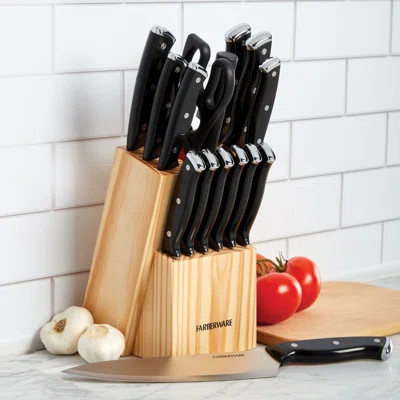 Farberware 15-Piece Triple Riveted Knife Set, High-Carbon Stainless Steel with Ergonomic Handles, Wood Block, Black | Wayfair North America