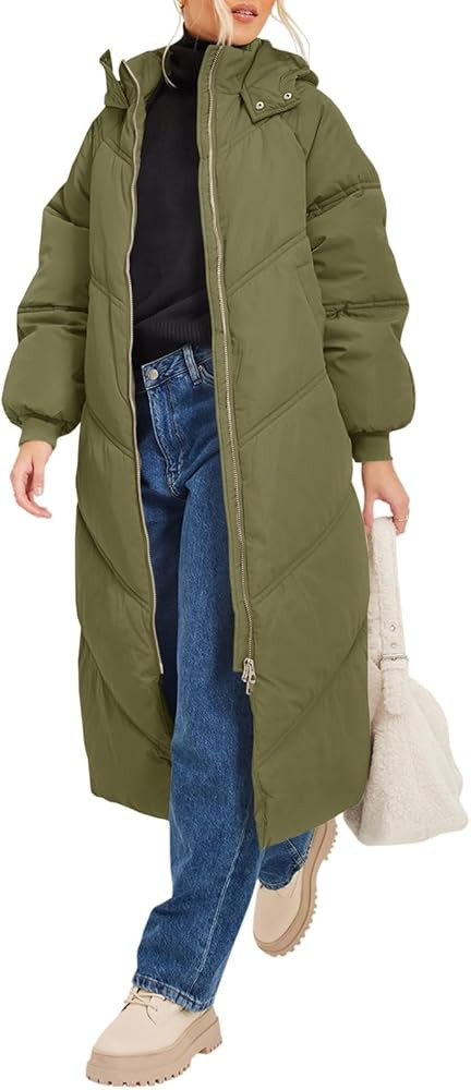 Fazortev Women's Long Winter Puffer Coat Maxi Quilted Jackets Warm Padded Coat Hooded Over Knee O... | Amazon (US)