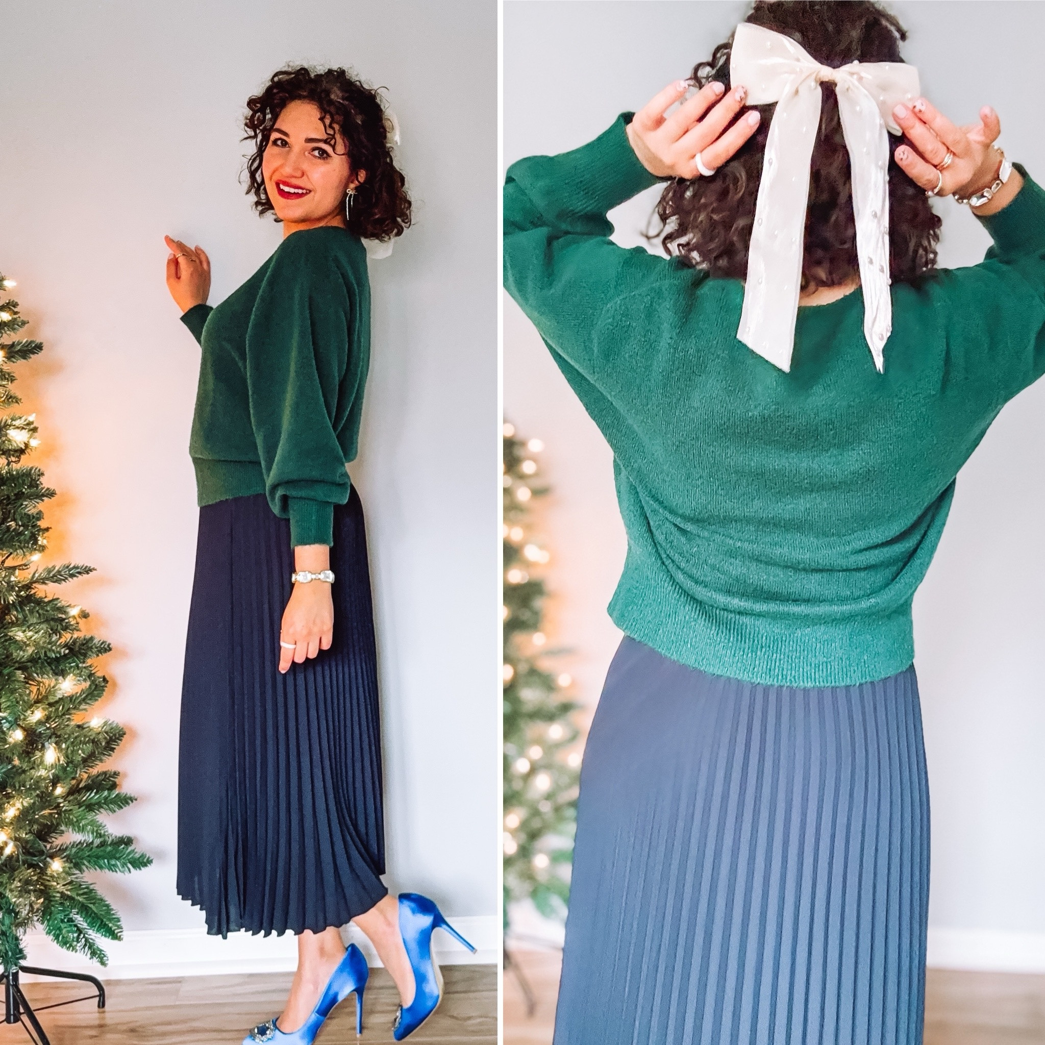 Holiday party outfit, holiday outfit, christmas party outfit, blue skirt, pleated skirt, green sweater, hair bow 

#LTKCyberWeek #LTKGiftGuide #LTKHoliday