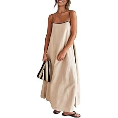 Senllen Women's Linen Dress Summer Loose Flowy Sundress Contrast Spaghetti Strap Sleeveless Backl... | Amazon (US)