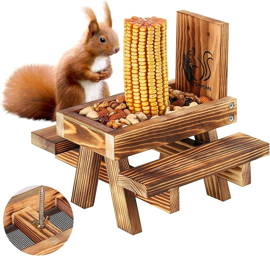 Squirrel Feeder for Outside Funny, Carbonized Wood Squirrel Picnic Table Feeder with Corn Cob Hol... | Amazon (US)
