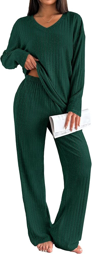 Ekouaer Lounge Sets for Women Long Sleeve Knit Ribbed Pajama Sets 2 Piece Casual Loungewear with ... | Amazon (US)
