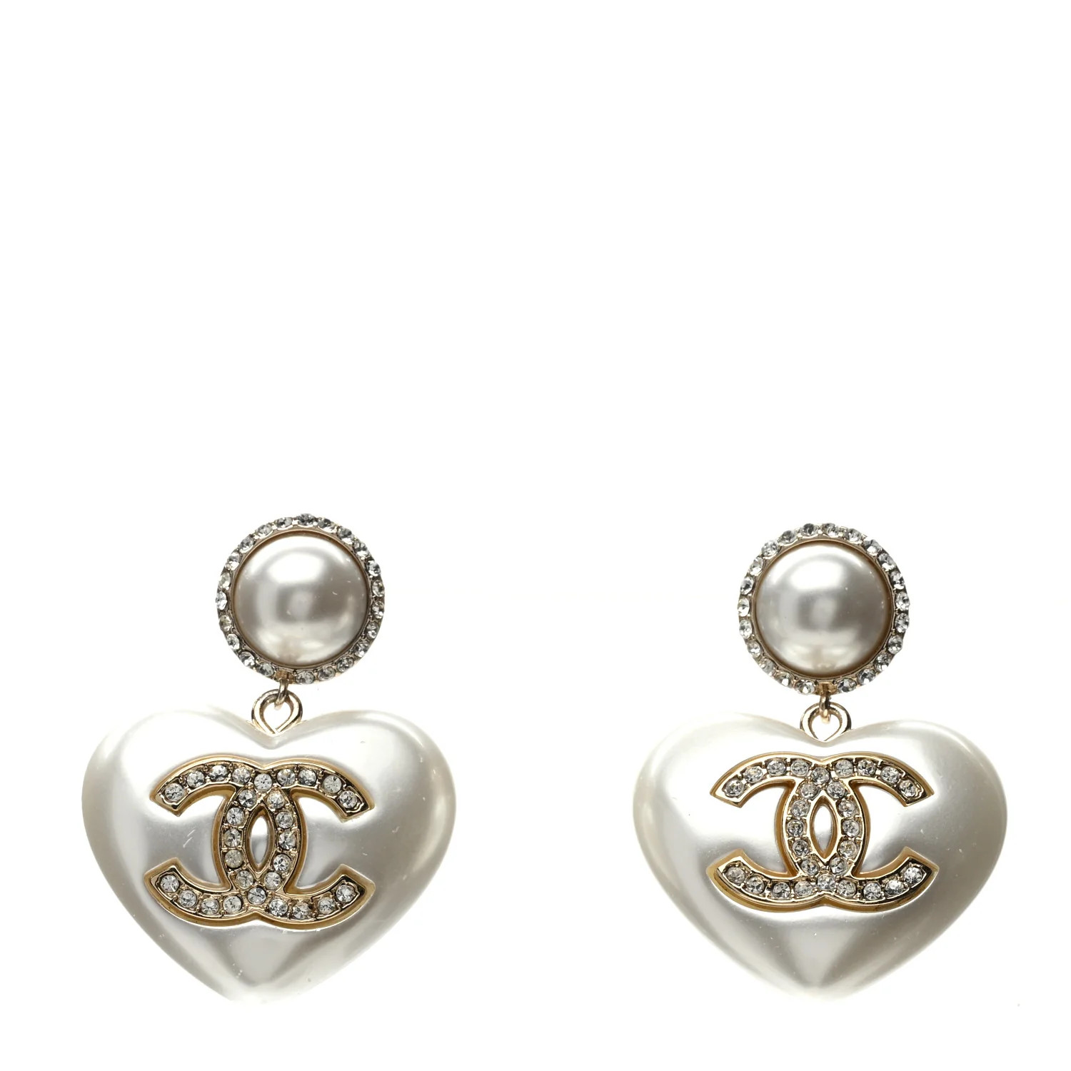 Pearl Crystal CC Heart Drop Earrings Gold | FASHIONPHILE (US)