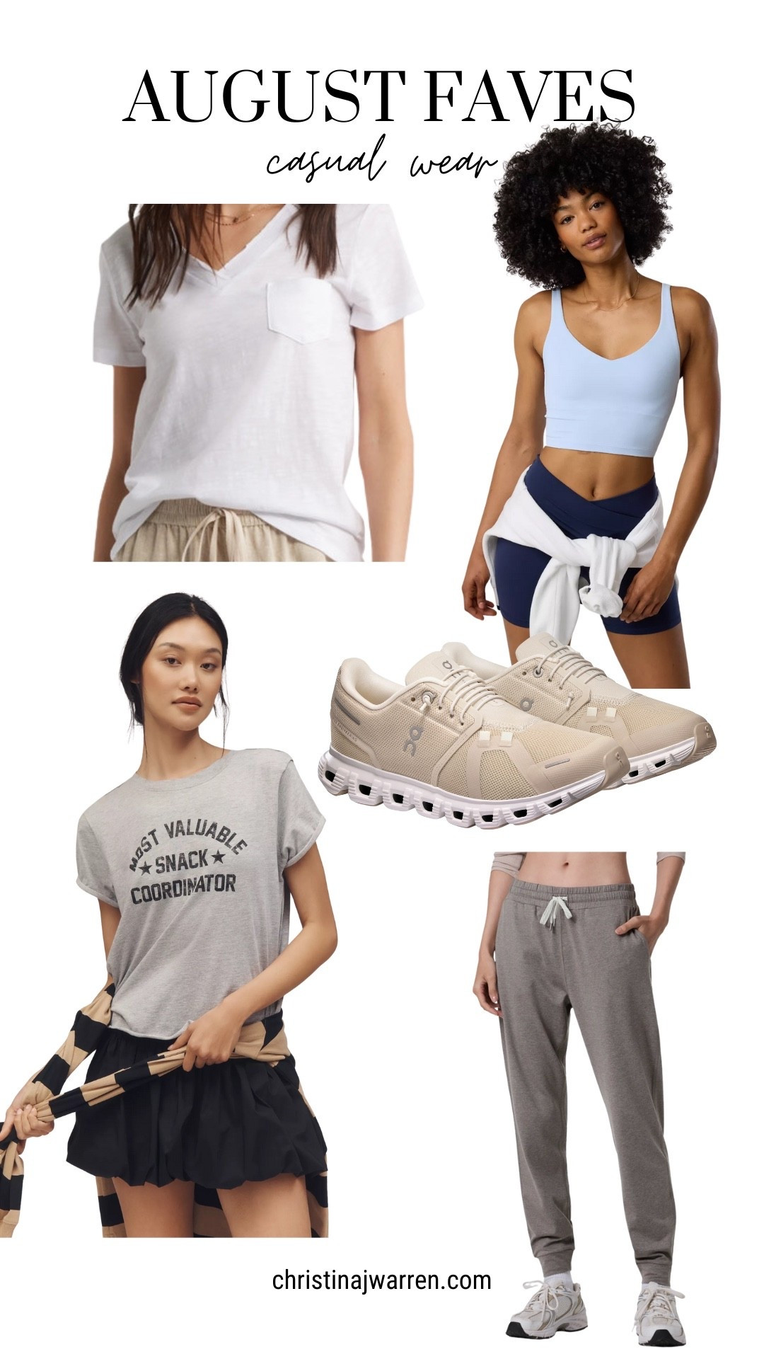 Casual joggers, sports bra, tshirts, perfect white tee and sneakers. Wearing small in shirts, medium in sports bra, medium joggers, size 8 shoe  