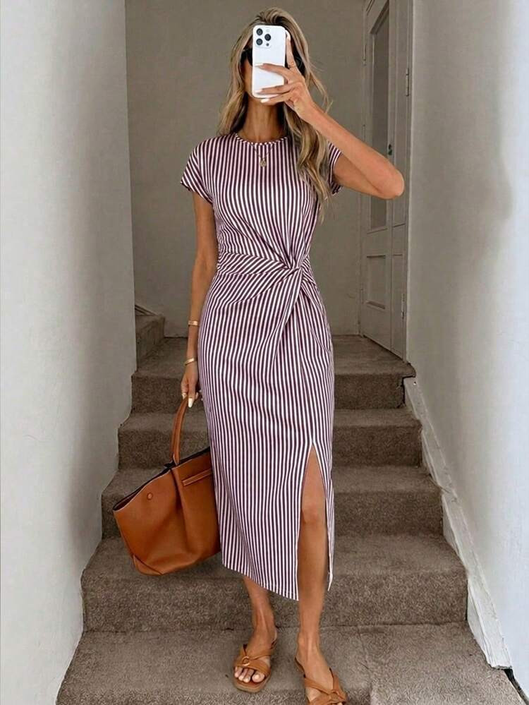 Easowa Printed Summer Casual Elegant Waist Knot High Slit Sleeveless Midi Dress Women's Casual Kn... | SHEIN