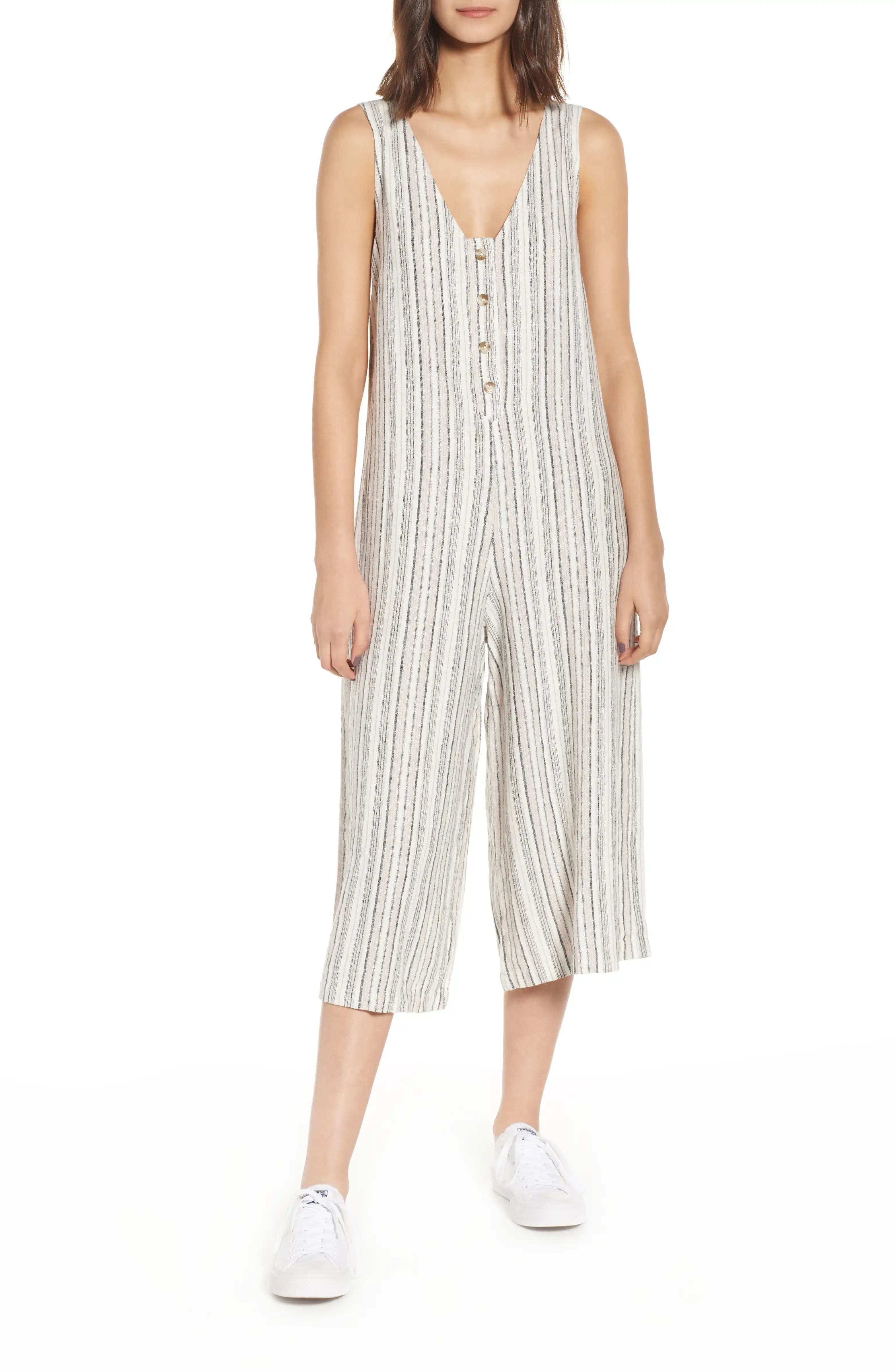 Button Front Stripe Linen Blend Jumpsuit | Nordstrom