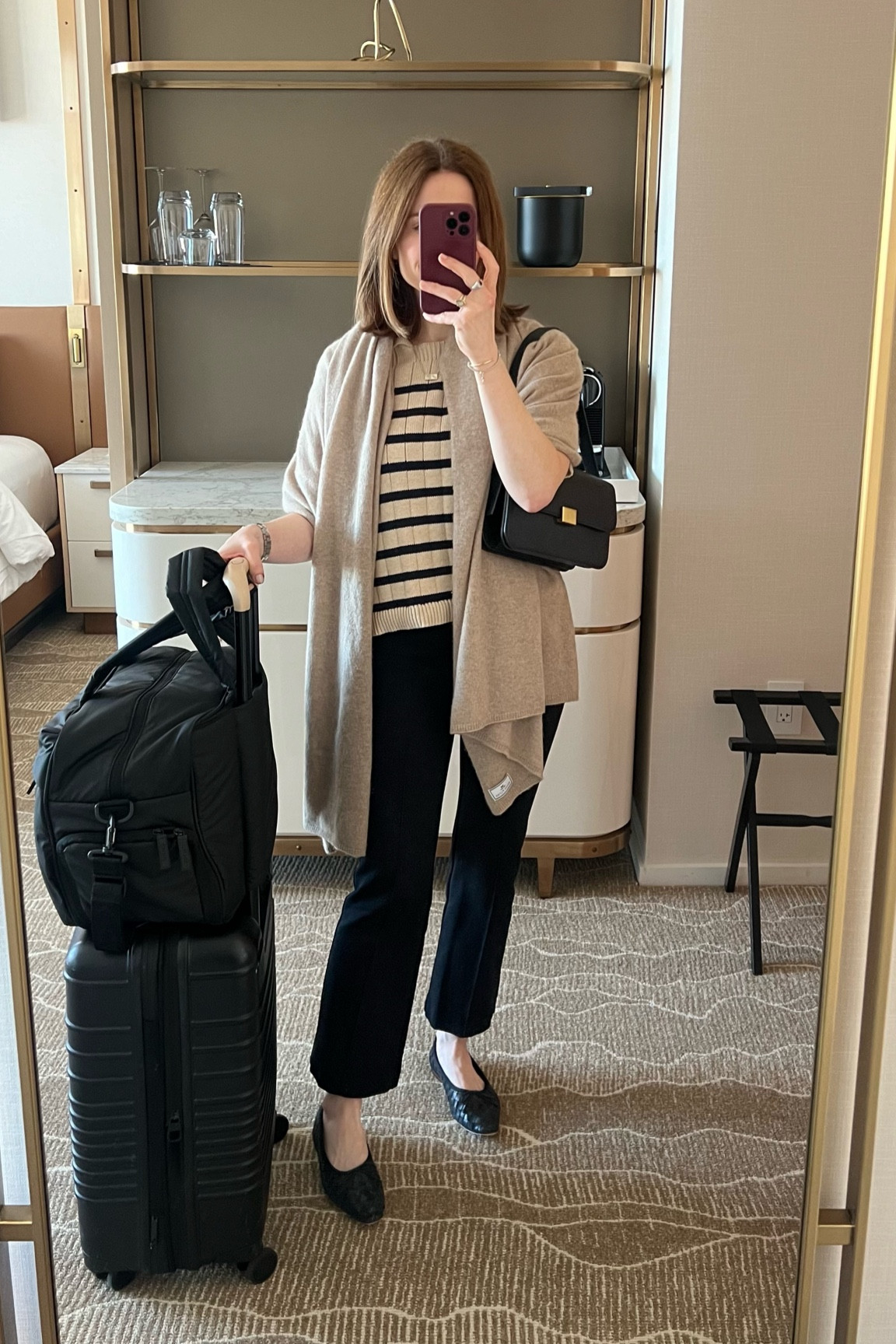 Travel outfit idea
Banana republic kick flare ponte pant
Cashmere wrap petite plume
Loeffler Randall black woven ballet flat
Black rolling carry on bag Beis
Calpak weekender black bag


#LTKstyletip #LTKtravel