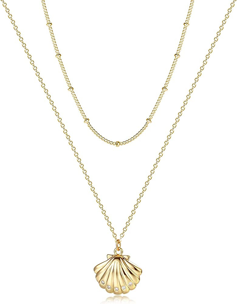 Fettero Layered Necklace For Women-Cute Summer Gold Shell Necklace-14K Gold Plated Minimalist Simple | Amazon (US)
