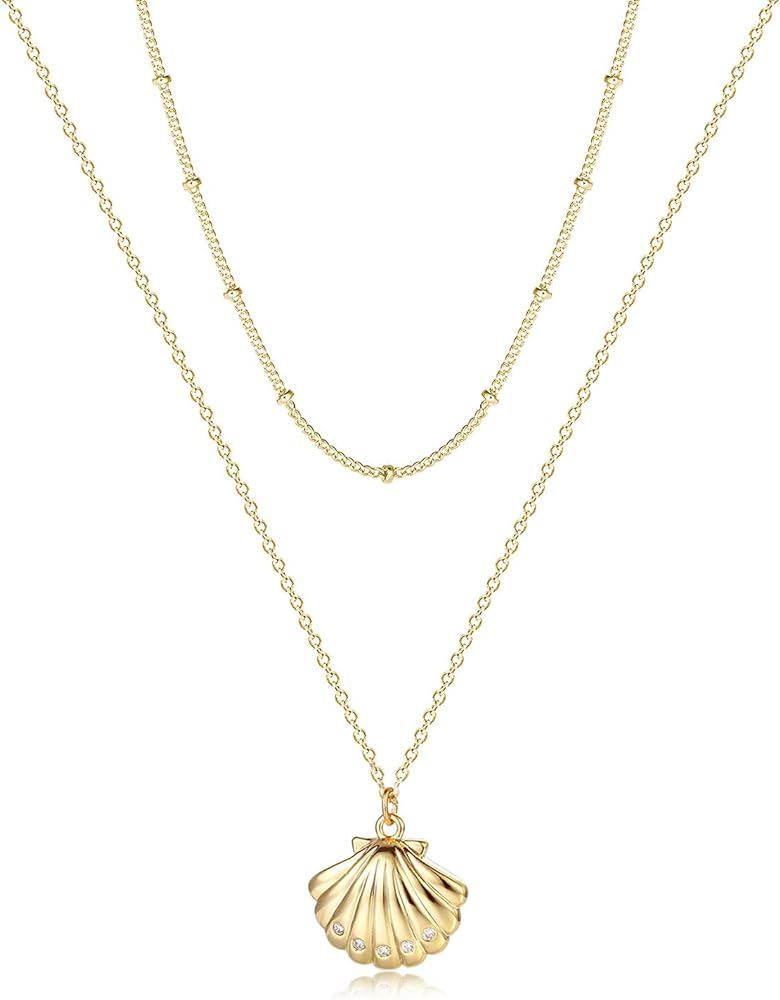 Fettero Layered Necklace For Women-Cute Summer Gold Shell Necklace-14K Gold Plated Minimalist Simple | Amazon (US)