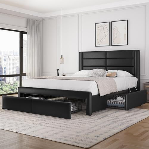 Yaheetech Queen Upholstered Bed Frame with Storage & Charging | Amazon (US)