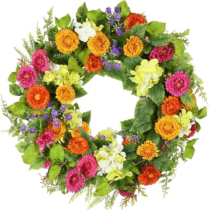 YNYLCHMX 20" Spring Door Wreath with Daisy Flowers & Green Tea Leaves, Artificial Floral Wreath G... | Amazon (US)
