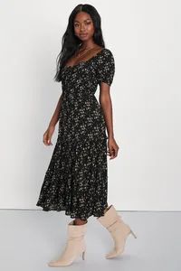 Adorable Ideal Black Floral Print Tiered Ruffled Midi Dress | Lulus (US)